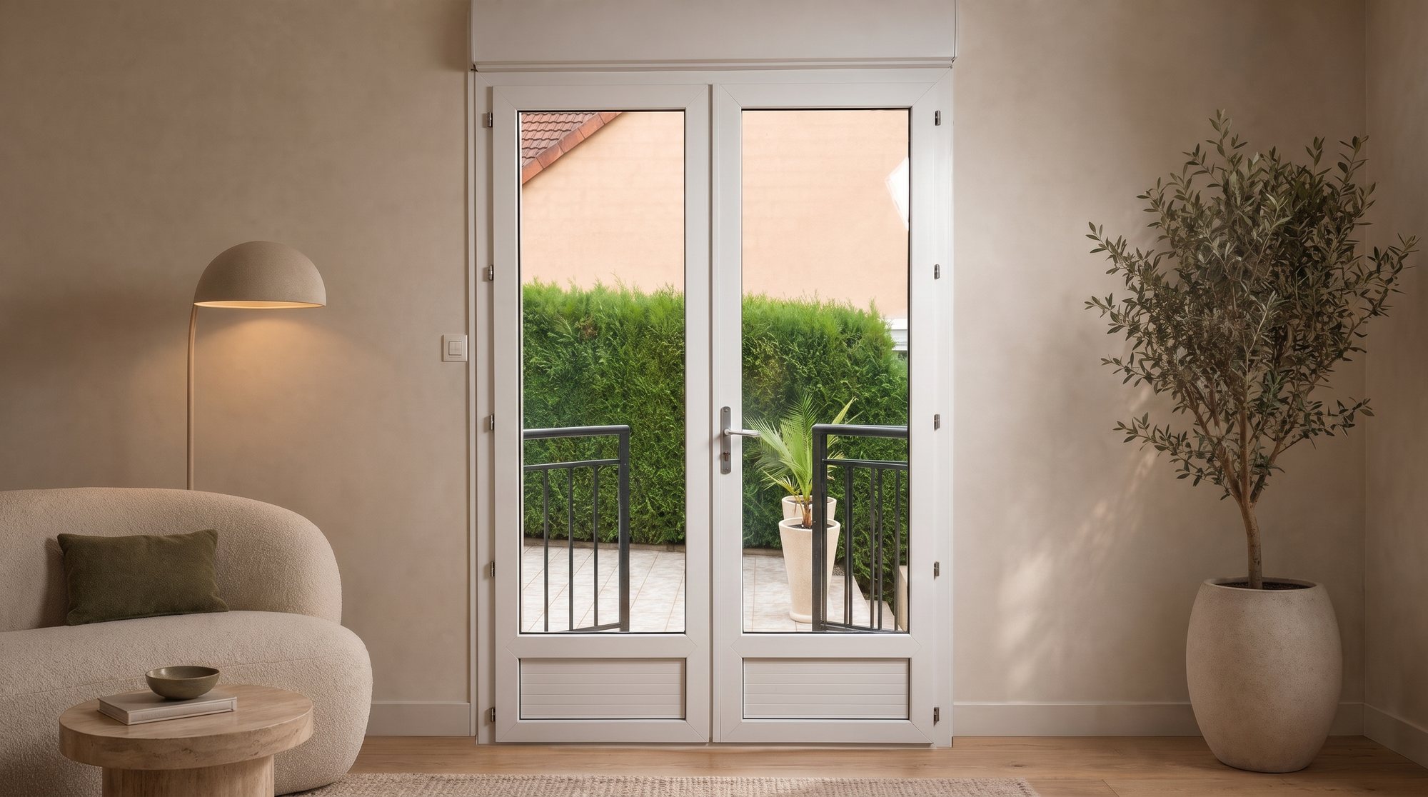 Porte-fenêtre double vantail blanche, vue sur une terrasse et un jardin
